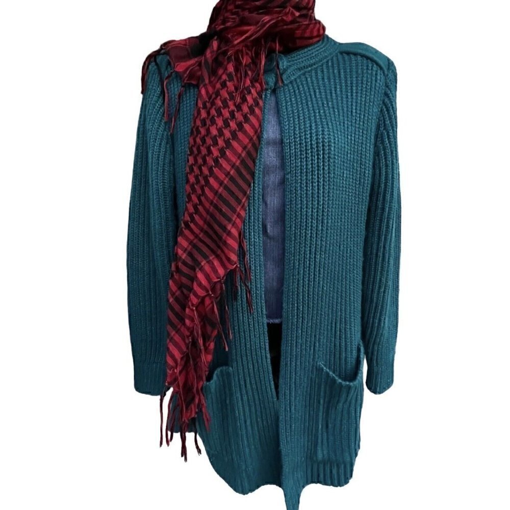 VTG 90s Christmas High Neck One Button Ribbed Knit Cardigan Teal Green Women’s M